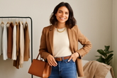 A young woman with shoulder-length hair smiles confidently while wearing a cozy cream sweater, camel blazer, and high-waisted jeans. She accessorizes with a structured handbag and a gold necklace